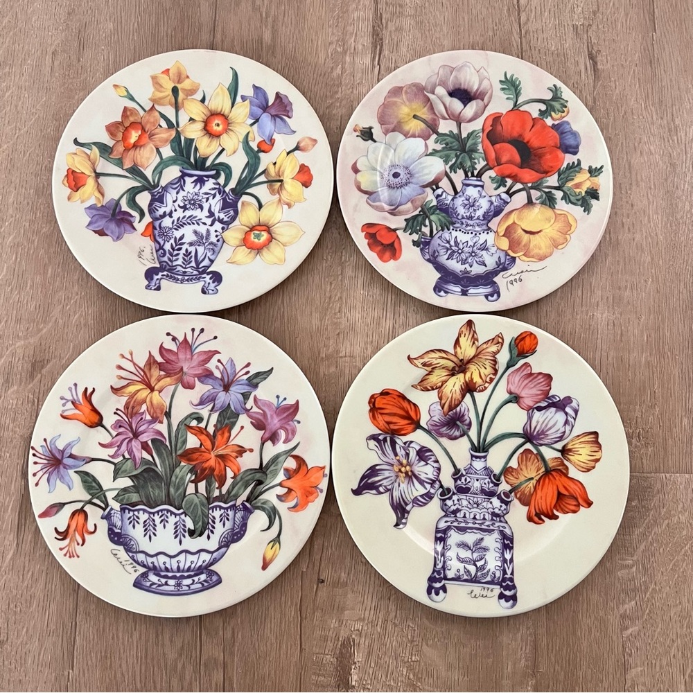 4 Email De Limoges‎ I. Godinger Floral Salad Plates 7.5” Artist Signed 1996 Vtg